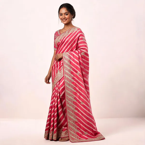 Pink_Striped_Saree_With_Blouse_Piece_With_Zari_Border_For_Women