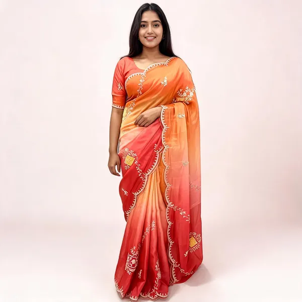 Peach_And_Red_Organza_Embroidered_Saree_With_Blouse_Piece_For_Women