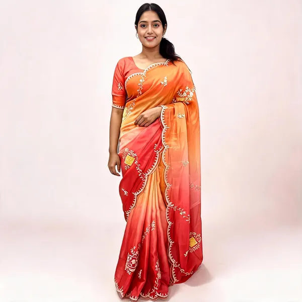 Peach_And_Red_Organza_Embroidered_Saree_With_Blouse_Piece_For_Women
