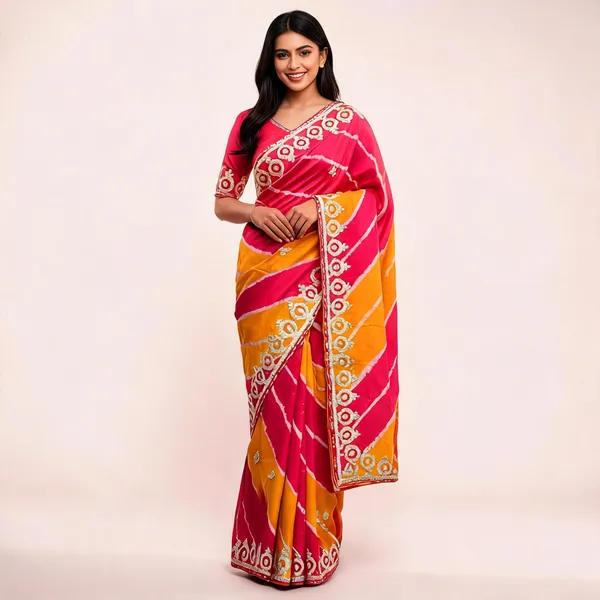 Pink_And_Orange_Embroidered_Saree_With_Blouse_Piece_For_Women