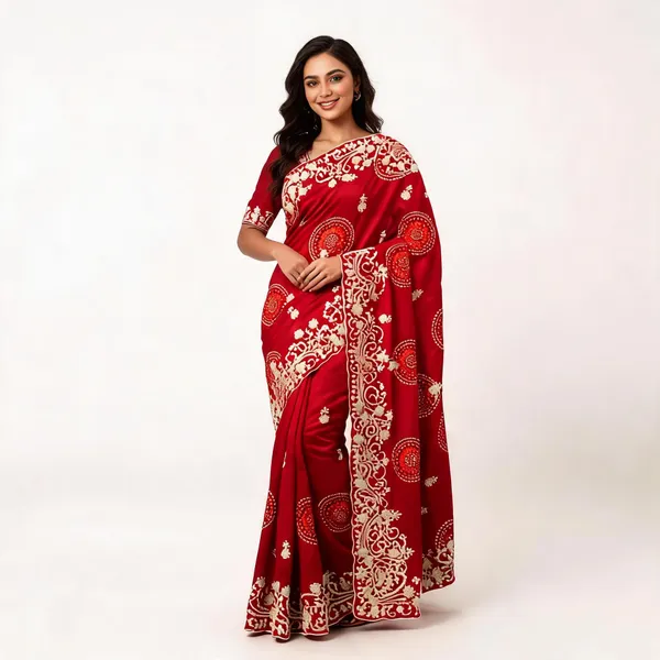 Red_Embroidered_Saree_With_Blouse_Piece_For_Women