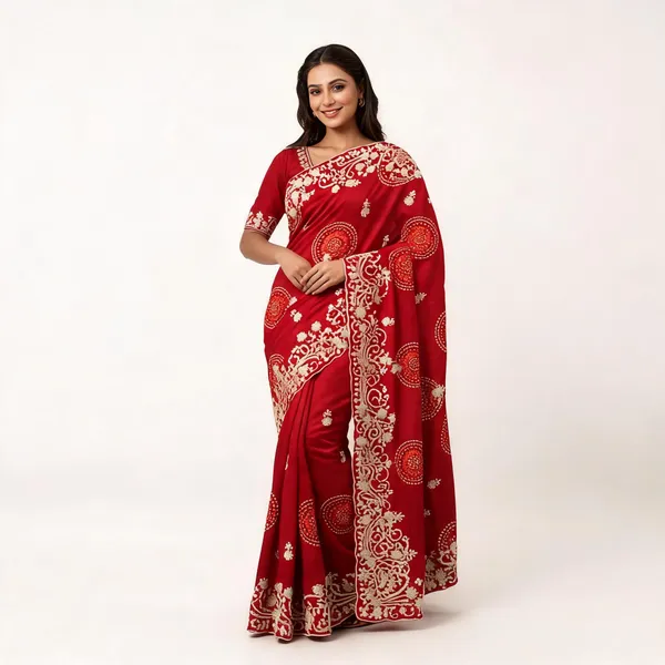 Red_Embroidered_Saree_With_Blouse_Piece_For_Women