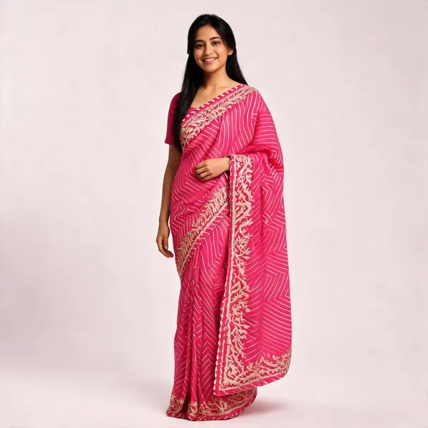 Pink_Embroidered_Chevron_Print_Saree_With_Blouse_Piece_For_Women