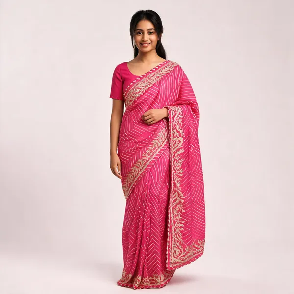 Pink_Embroidered_Chevron_Print_Saree_With_Blouse_Piece_For_Women