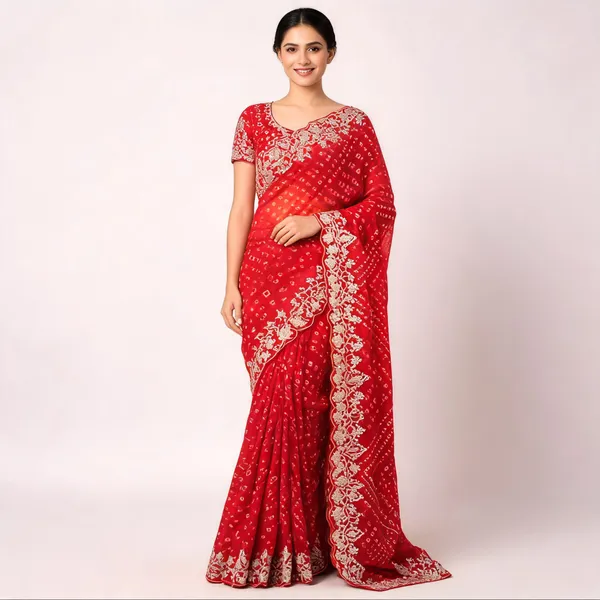 Red_Bandhani_Embroidered_Saree_With_Blouse_Piece_For_Women