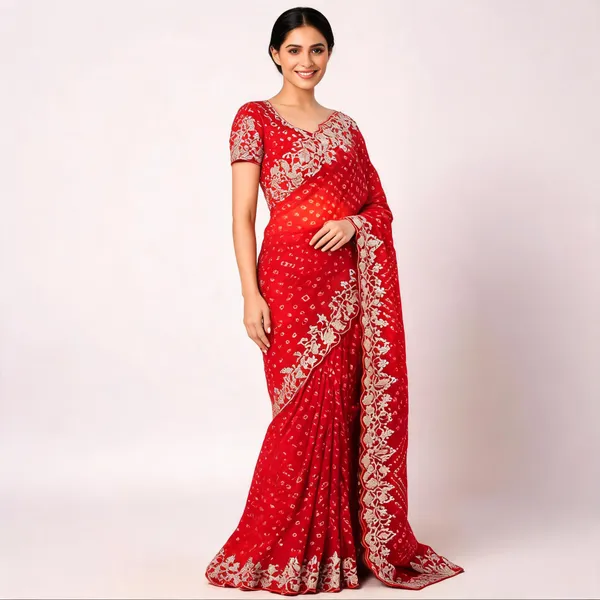 Red_Bandhani_Embroidered_Saree_With_Blouse_Piece_For_Women