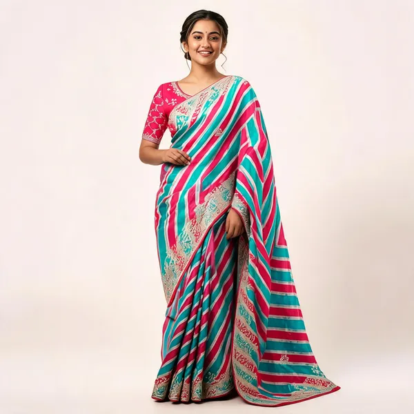 Multicolor_Striped_Printed_Saree_With_Blouse_Piece_For_Women