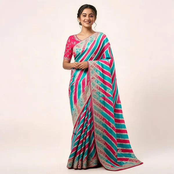 Multicolor_Striped_Printed_Saree_With_Blouse_Piece_For_Women
