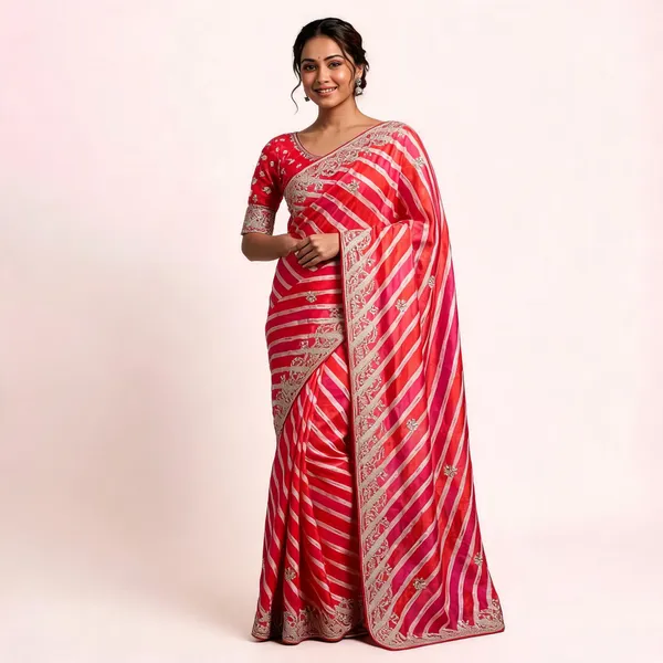 Red_Striped_Embroidered_Saree_With_Blouse_Piece_For_Women