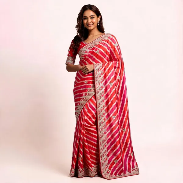 Red_Striped_Embroidered_Saree_With_Blouse_Piece_For_Women