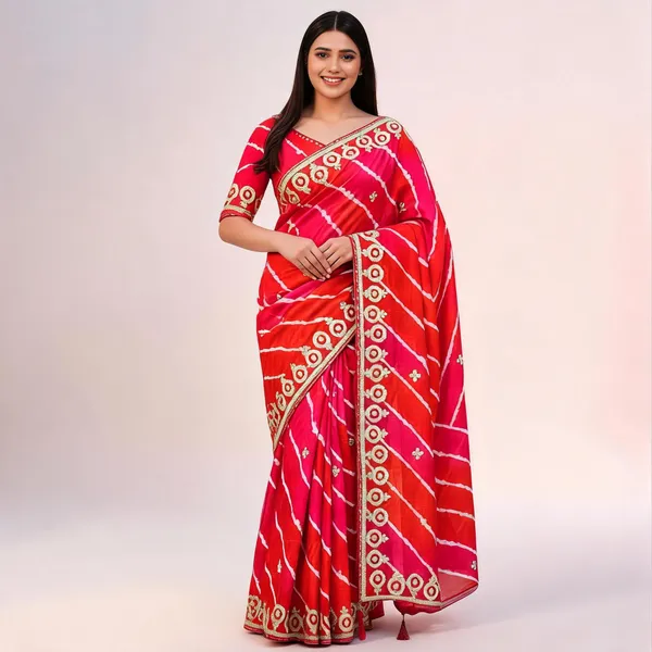 Red_And_Orange_Embroidered_Saree_With_Blouse_Piece_For_Women