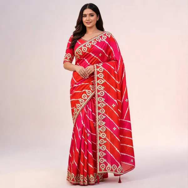 Red_And_Orange_Embroidered_Saree_With_Blouse_Piece_For_Women