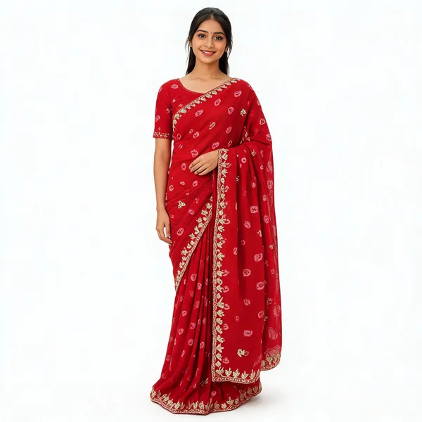 Red_Embroidered_Saree_With_Blouse_Piece_For_Women
