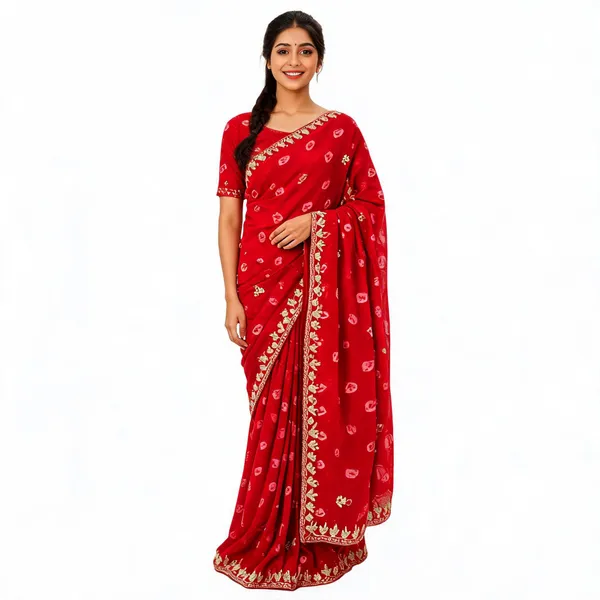 Red_Embroidered_Saree_With_Blouse_Piece_For_Women