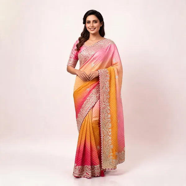 Pink_And_Yellow_Embroidered_Saree_With_Blouse_Piece_For_Women