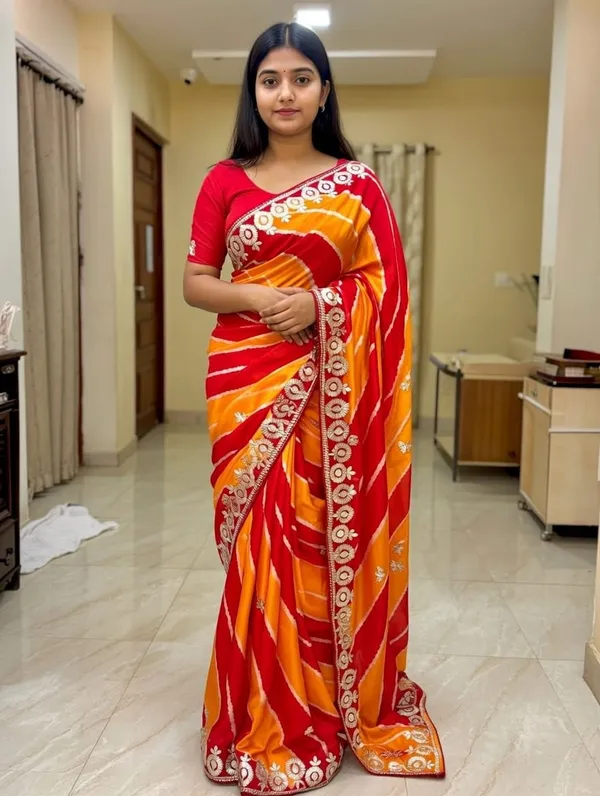 Red_And_Orange_Embroidered_Saree_With_Blouse_Piece_For_Women