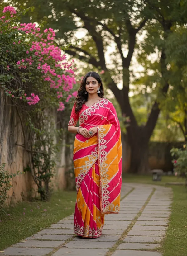 Pink_And_Orange_Embroidered_Saree_With_Blouse_Piece_For_Women