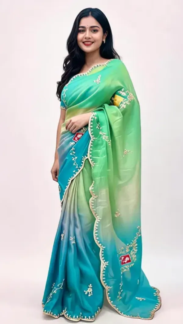 Green_Ombre_Embroidered_Saree_With_Blouse_Piece_For_Women