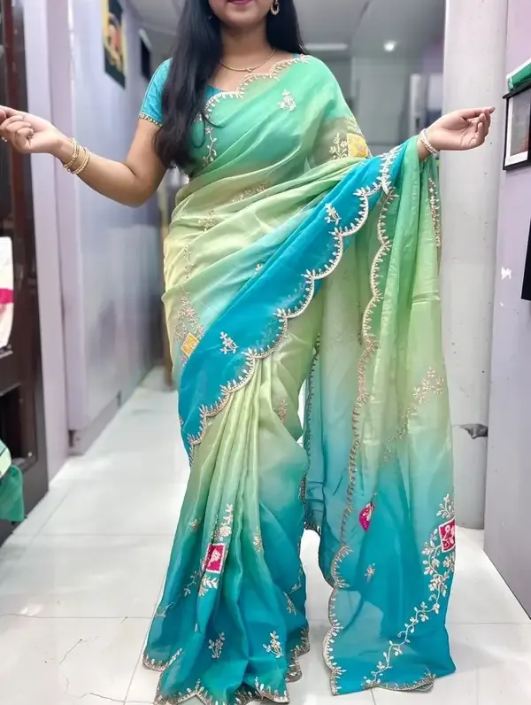 Green_Ombre_Embroidered_Saree_With_Blouse_Piece_For_Women