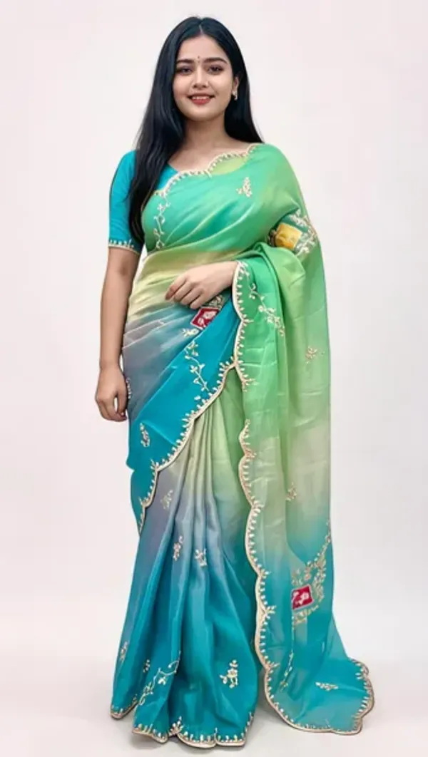 Green_Ombre_Embroidered_Saree_With_Blouse_Piece_For_Women