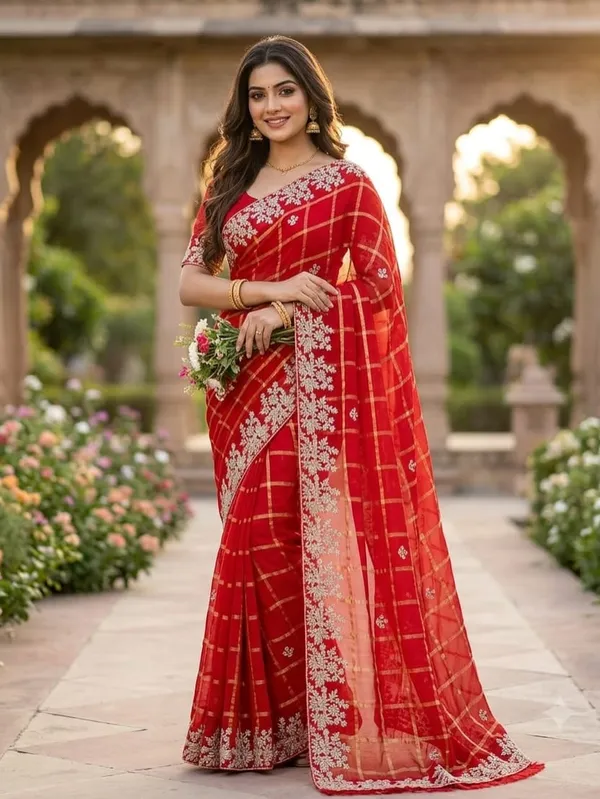 Red_Net_Embroidered_Saree_With_Blouse_Piece_For_Women