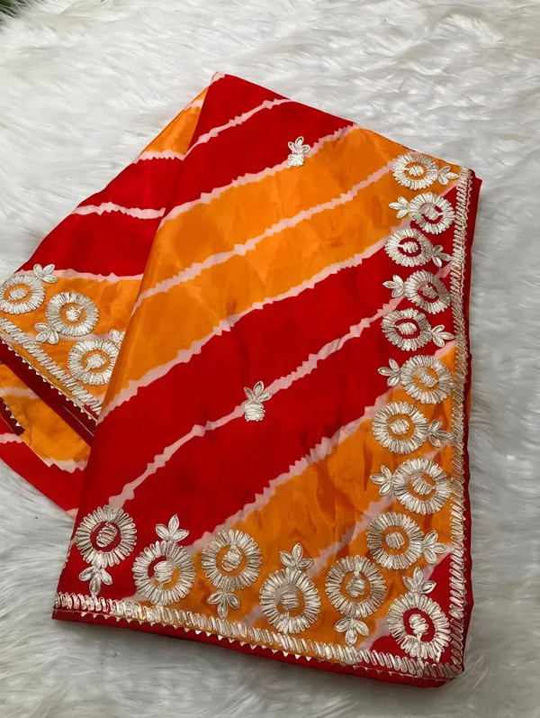Red_And_Orange_Embroidered_Saree_With_Blouse_Piece_For_Women