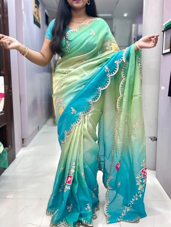 Green_Ombre_Embroidered_Saree_With_Blouse_Piece_For_Women