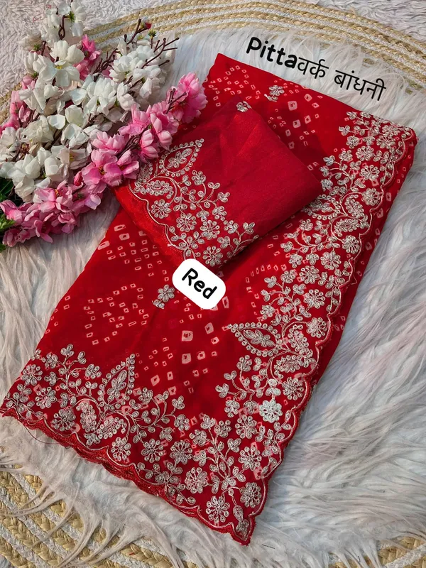 Red_Bandhani_Embroidered_Saree_With_Blouse_Piece_for_Women