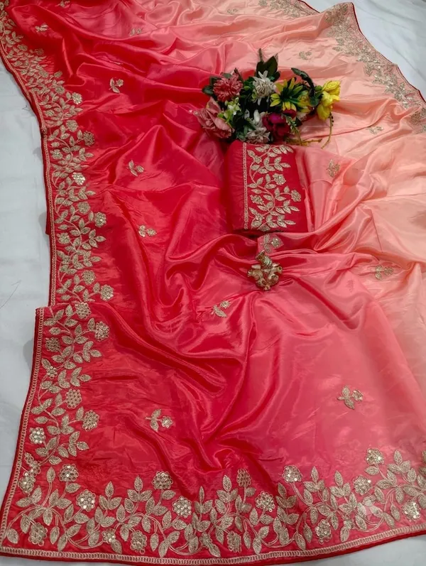 Coral_Satin_Finish_Embroidered_Saree_With_Blouse_Piece_For_Women