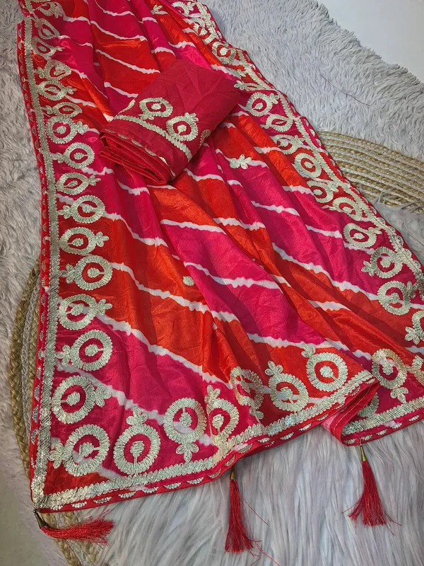 Red_And_Orange_Embroidered_Saree_With_Blouse_Piece_For_Women
