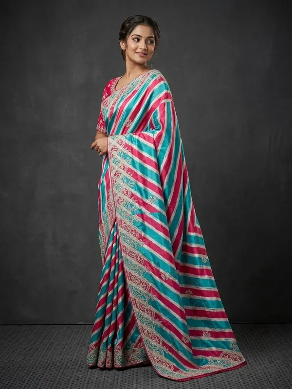 Multicolor_Striped_Printed_Saree_With_Blouse_Piece_For_Women