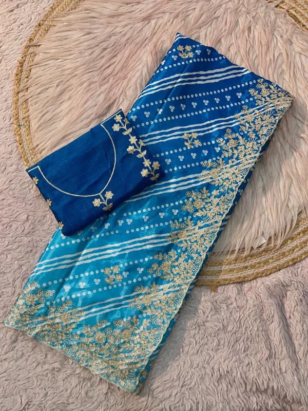 Blue_Printed_Embroidered_Saree_With_Blouse_Piece_For_Women