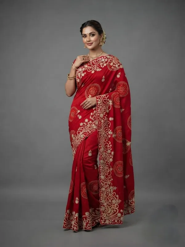 Red_Embroidered_Saree_With_Blouse_Piece_for_Women