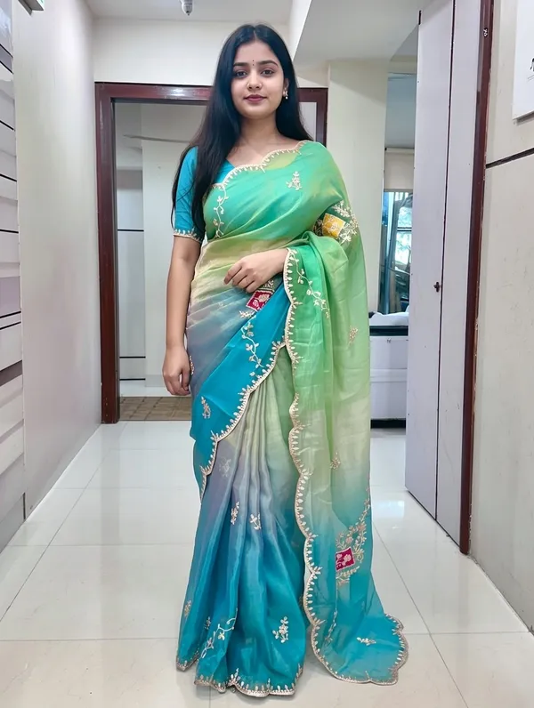 Green_Ombre_Embroidered_Saree_With_Blouse_Piece_For_Women