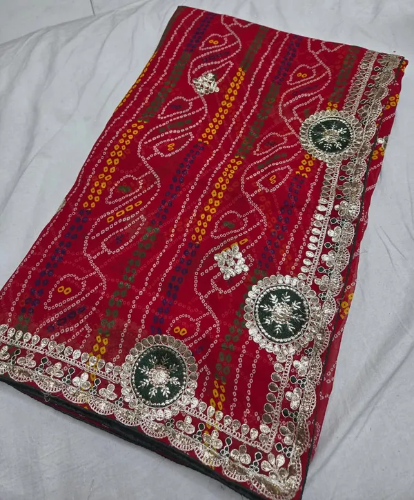 Red_Bandhani_Print_Embellished_Saree_With_Blouse_Piece_For_Women