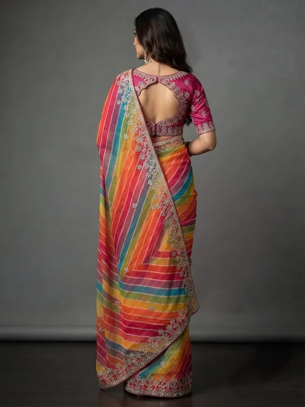 Multicolor_Embroidered_Striped_Saree_With_Blouse_Piece_For_Women