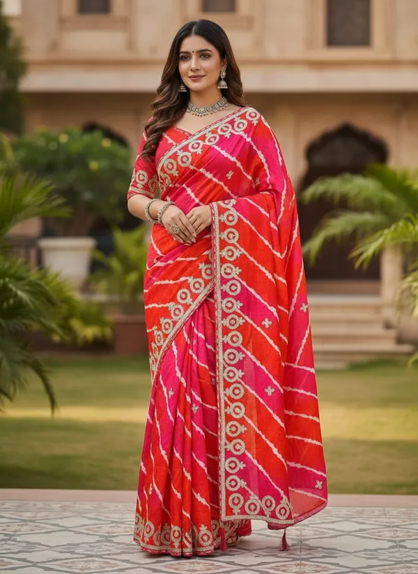 Red_And_Orange_Embroidered_Saree_With_Blouse_Piece_For_Women