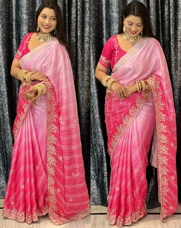 Pink_Printed_Embroidered_Saree_With_Blouse_Piece_For_Women