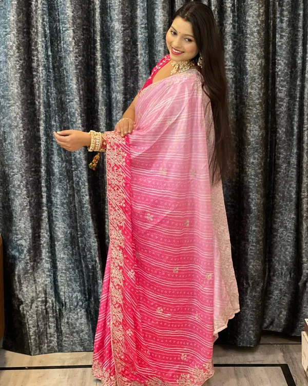 Pink_Printed_Embroidered_Saree_With_Blouse_Piece_For_Women