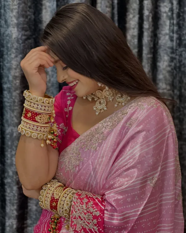 Pink_Printed_Embroidered_Saree_With_Blouse_Piece_For_Women