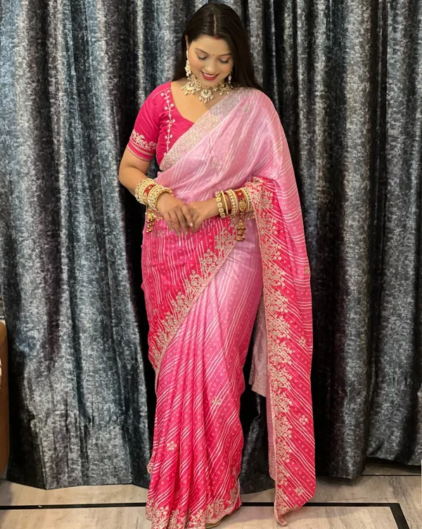 Pink_Printed_Embroidered_Saree_With_Blouse_Piece_For_Women