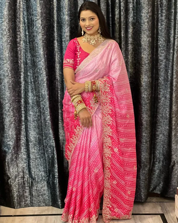 Pink_Printed_Embroidered_Saree_With_Blouse_Piece_For_Women