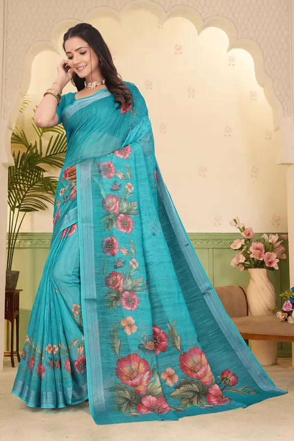 Dark_Green_Cotton_Linen_Digital_Print_Saree_For_Women
