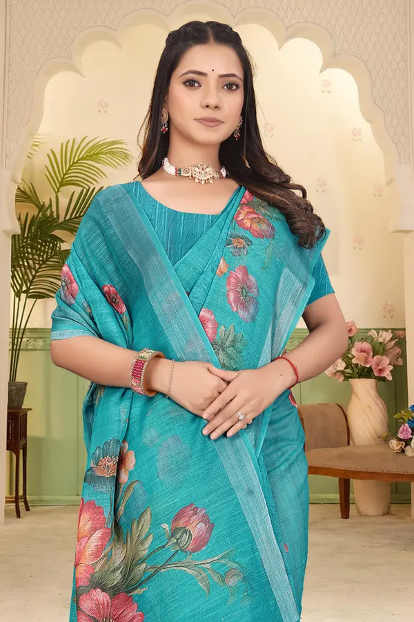 Dark_Green_Cotton_Linen_Digital_Print_Saree_For_Women