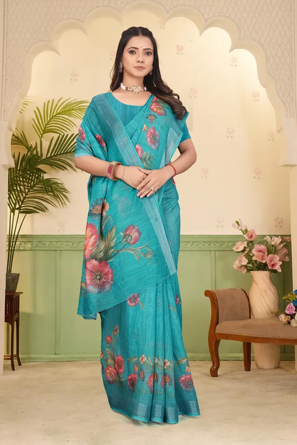 Dark_Green_Cotton_Linen_Digital_Print_Saree_For_Women