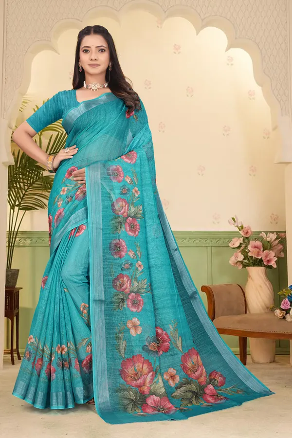Dark_Green_Cotton_Linen_Digital_Print_Saree_For_Women