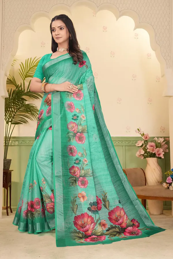 Green_Cotton_Linen_Digital_Print_Saree_For_Women