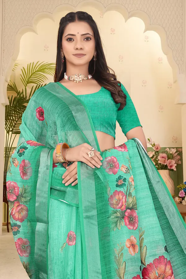Green_Cotton_Linen_Digital_Print_Saree_For_Women