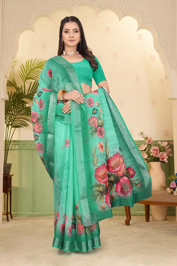Green_Cotton_Linen_Digital_Print_Saree_For_Women