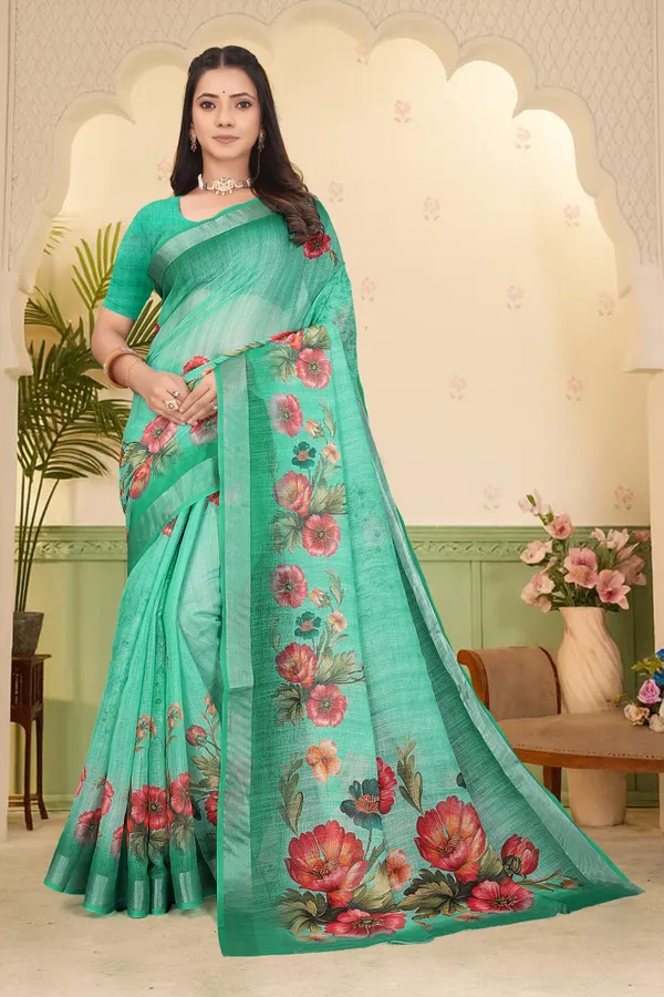 Green_Cotton_Linen_Digital_Print_Saree_For_Women